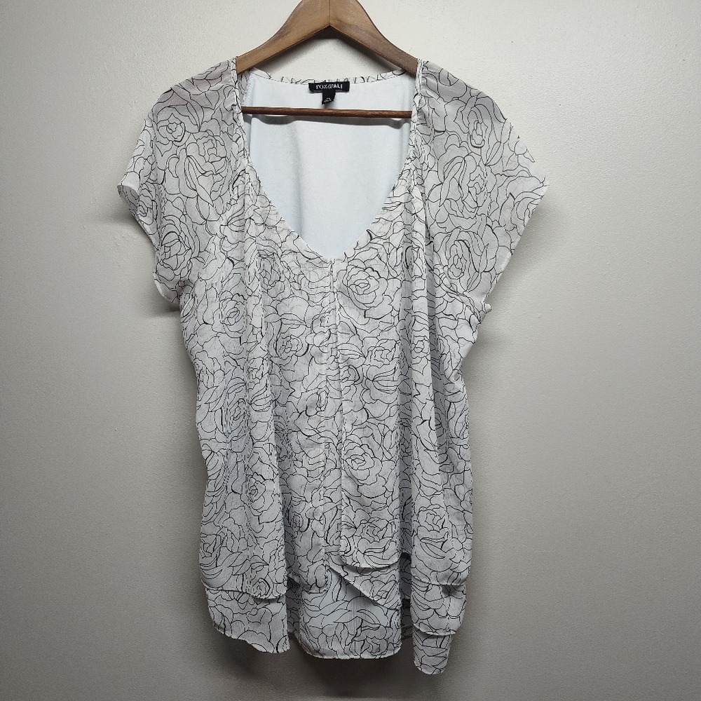 Roz & Ali Blouse Top Women Plus Size 2X White Black Floral Short Sleeve